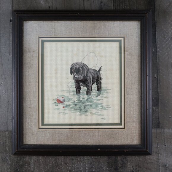 Black Labrador Puppy Dog with Fishing Bobber Framed Needlepoint Cross Stitch - Picture 4 of 5
